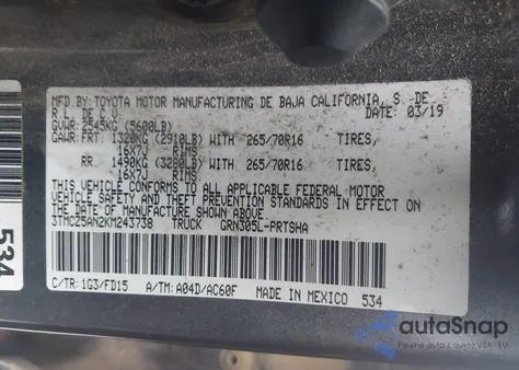 2019 Toyota Tacoma Trd Off Road from USA, damaged, VIN 3TMCZ5AN2KM243738